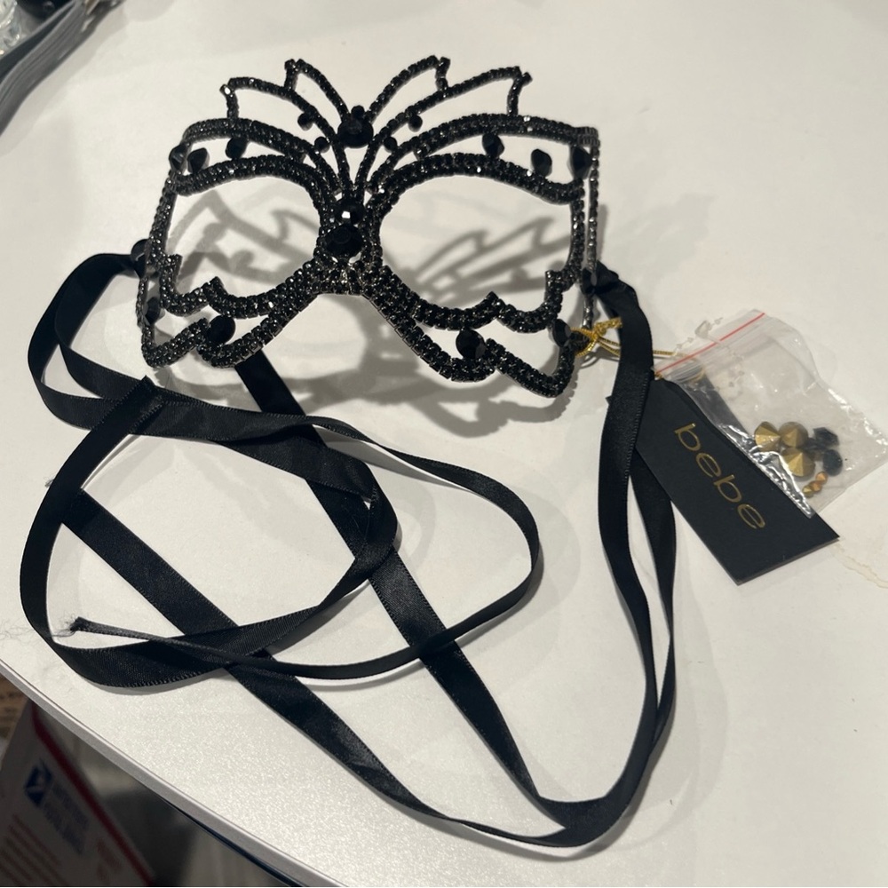 Bebe Masquerade Black Rhinestones Is Mask, Mardi Gras Mask, Metal - Picture 5 of 7